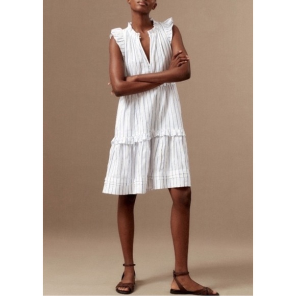 ME + EM | Striped frill-trim tiered cotton-blend dress in White/Blue, Size US 6 - Picture 2 of 13